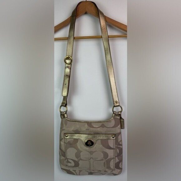 Vtg.‎ COACH Beige and Gold Signature Canvas and Leather Crossbody Purse Bag - Picture 1 of 12